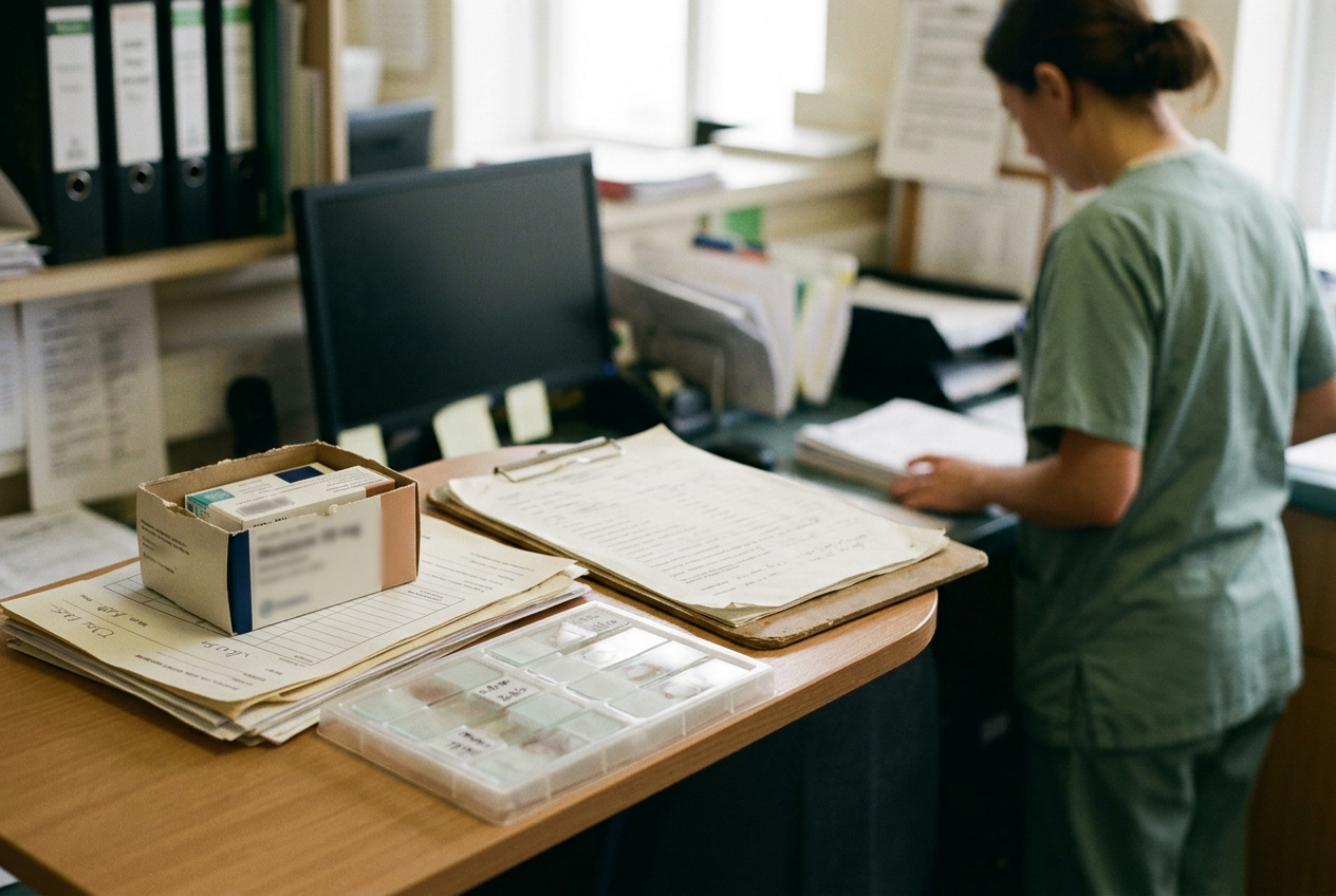 Breast cancer pathology slides beside medication packaging and a clinician’s treatment-planning notes.