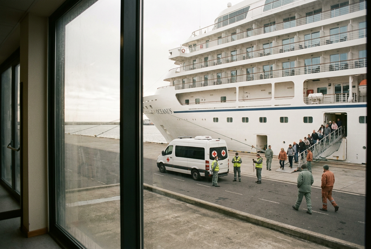 Cruise ship at port as public-health teams coordinate a controlled medical response
