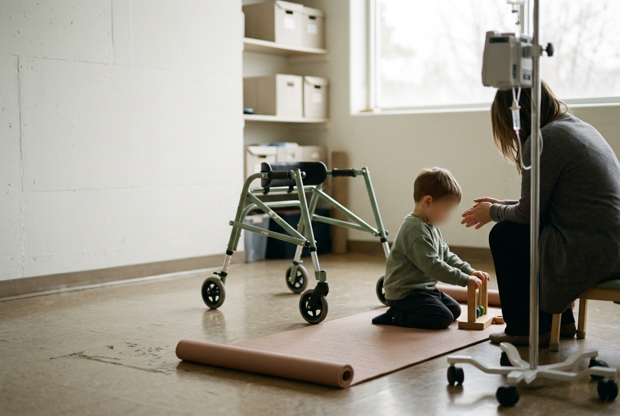 Neuromuscular clinic equipment beside a rehabilitation mat, representing layered treatment for spinal muscular atrophy.