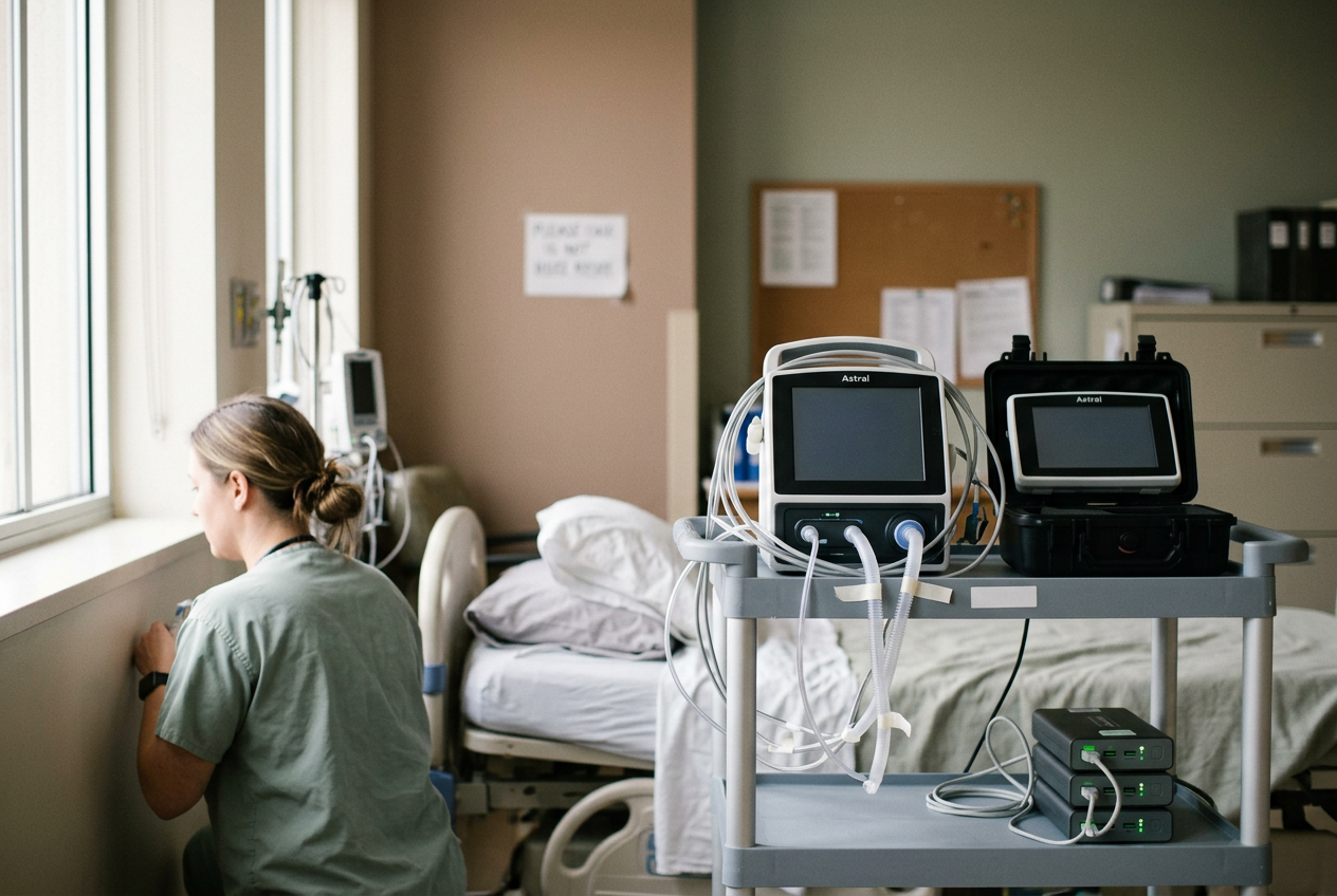 Astral ventilator beside a checked backup ventilator and organized respiratory equipment in a clinical room.