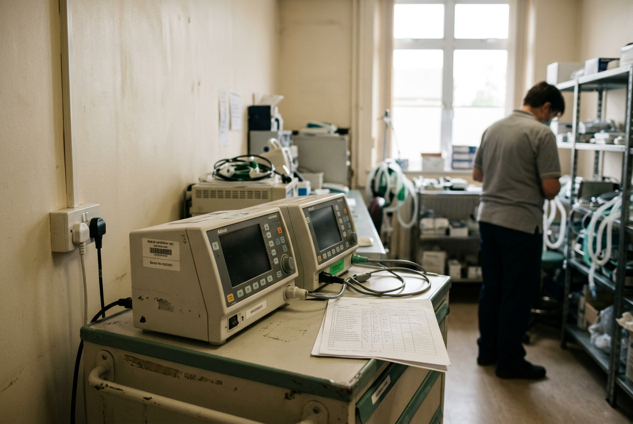 An Astral ventilator beside checked backup equipment and a device inventory label in a respiratory care setting.
