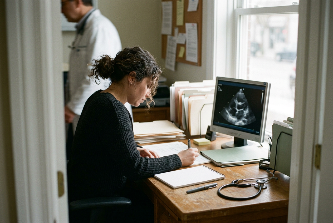 Clinician reviewing a heart failure questionnaire and cardiac scan in a quiet cardiology workspace.