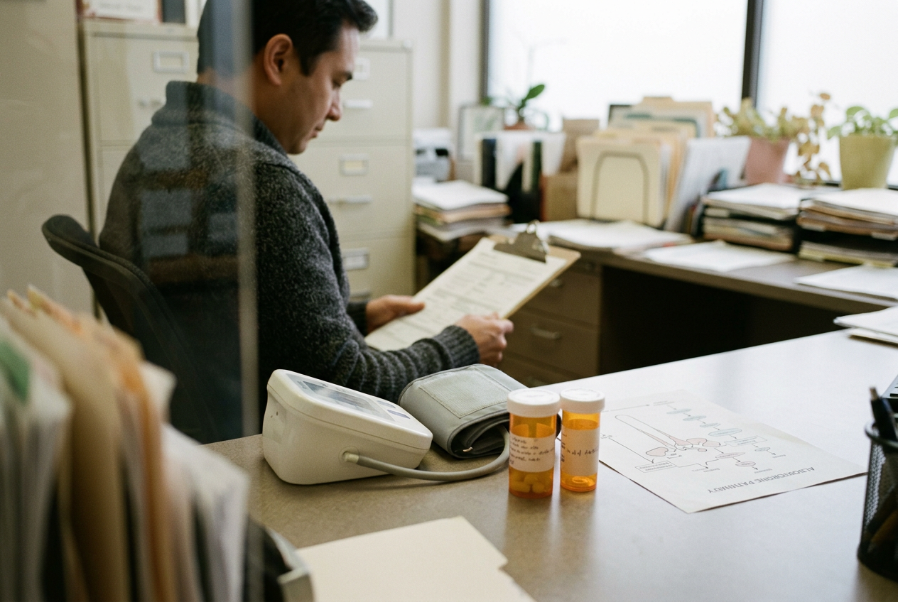 Blood pressure cuff and medication containers beside a restrained illustration of the aldosterone pathway.
