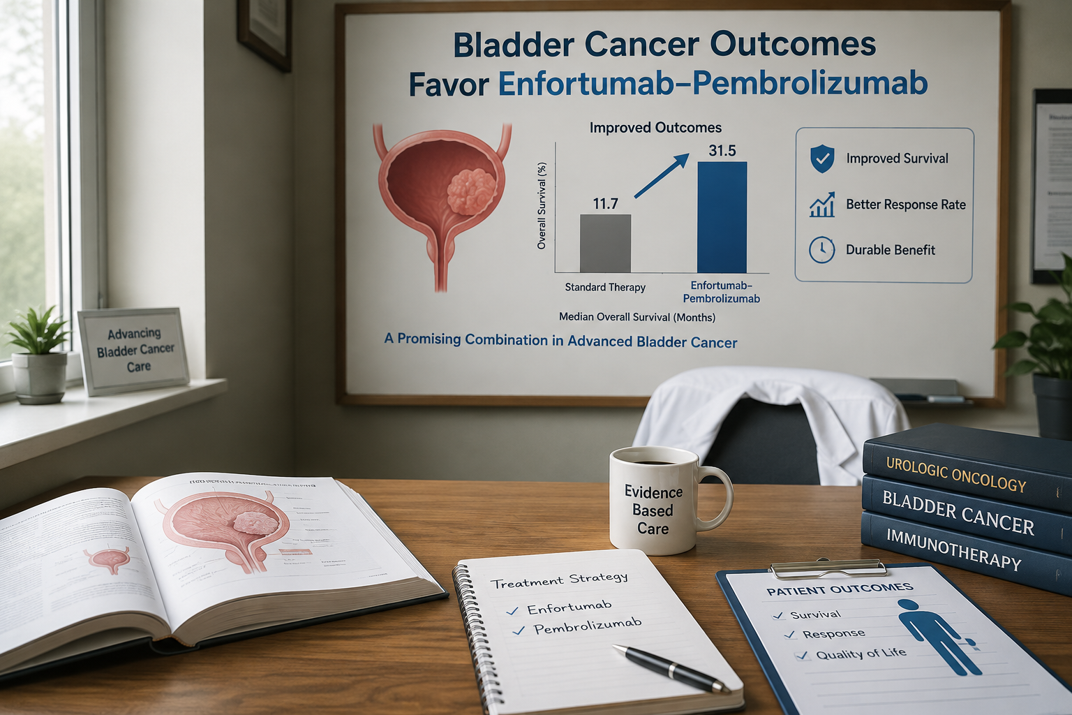 Bladder cancer treatment planning materials beside a cystectomy pathway diagram in an oncology workspace.