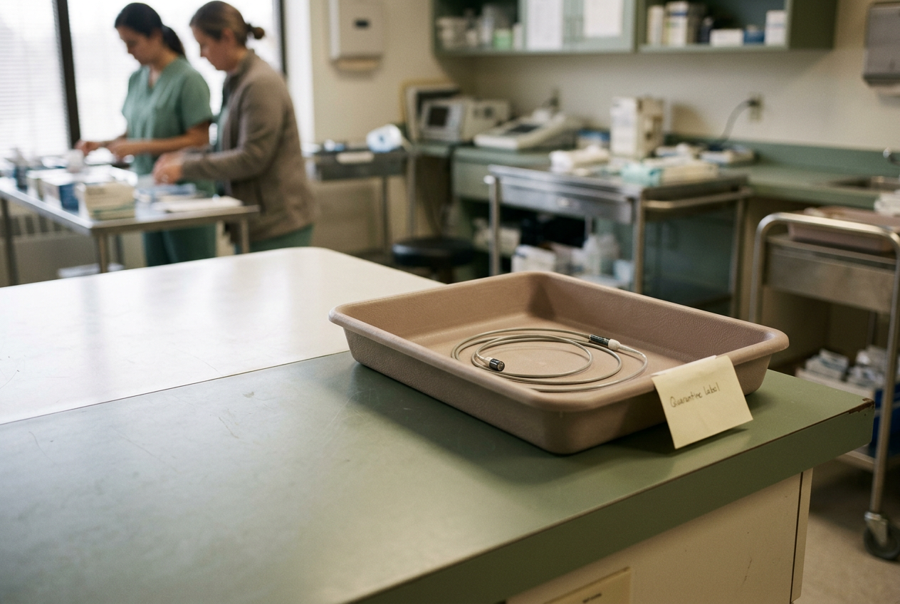 Bravo-style esophageal pH capsule delivery equipment isolated on a hospital procedure tray for safety review.