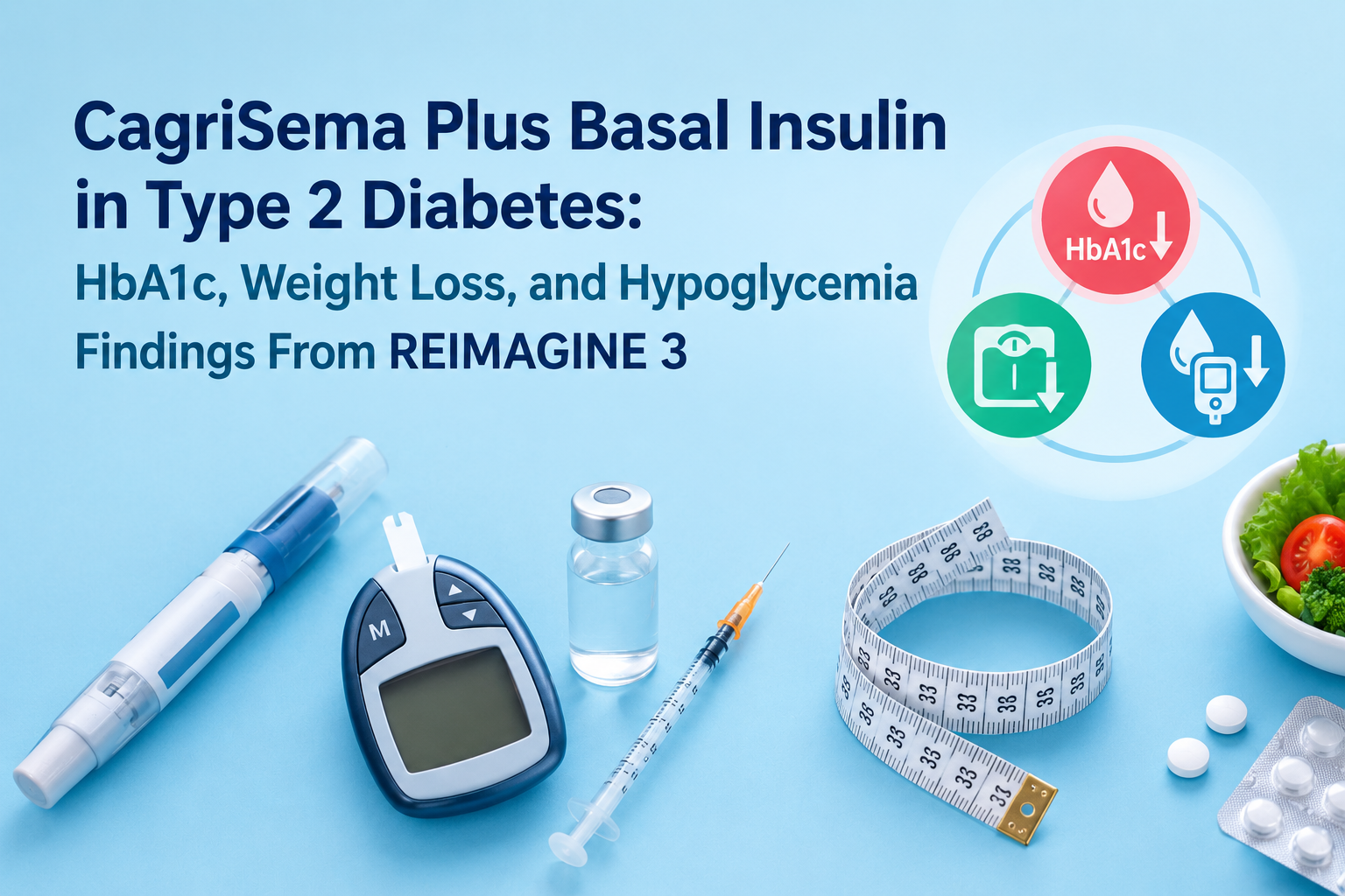 Basal insulin pen beside an unlabeled weekly injection pen and glucose meter on a clinical workspace