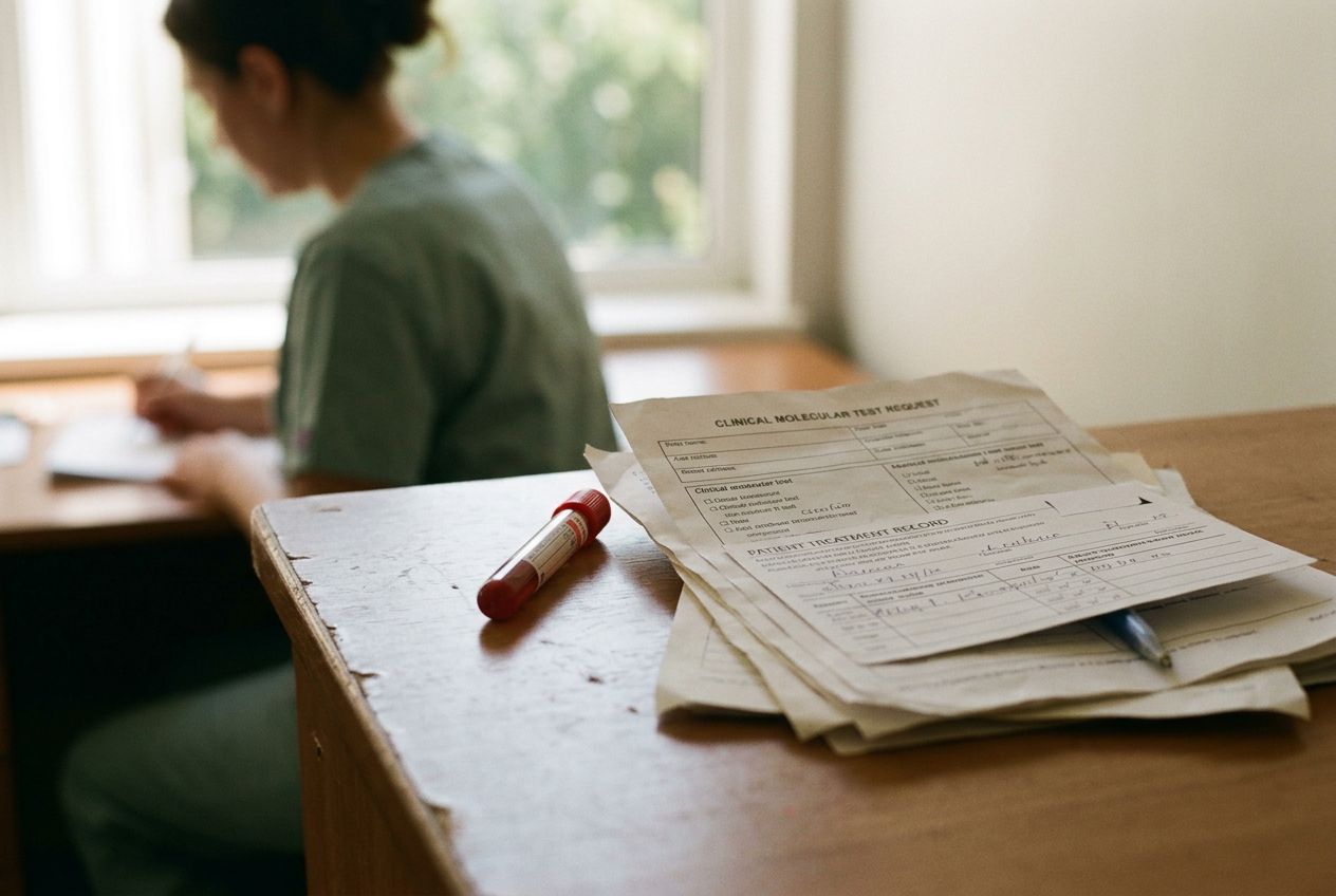 Blood collection tubes beside a breast cancer treatment plan and molecular testing request form.