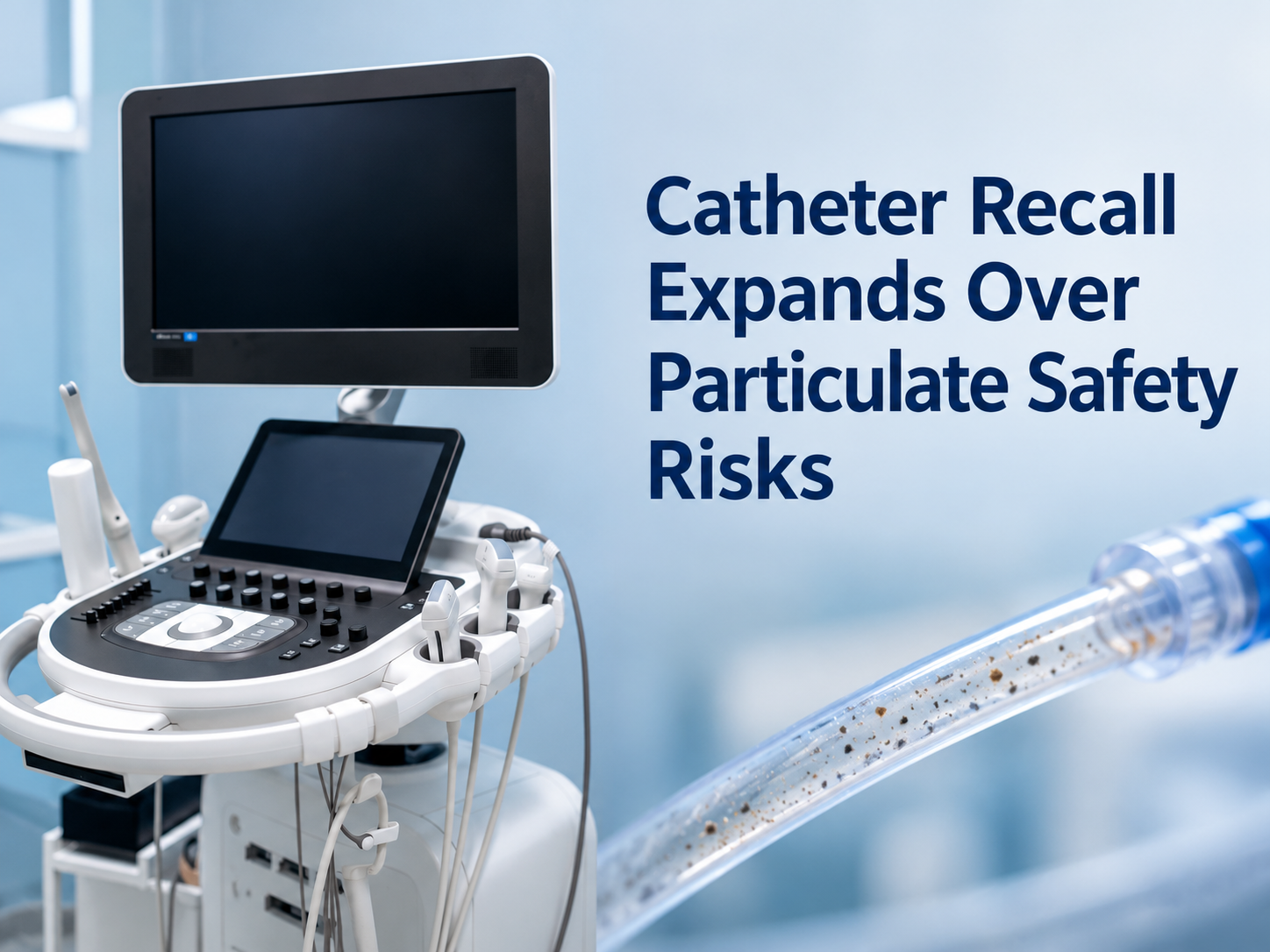 Reprocessed electrophysiology catheters arranged in a hospital supply area for recall review.