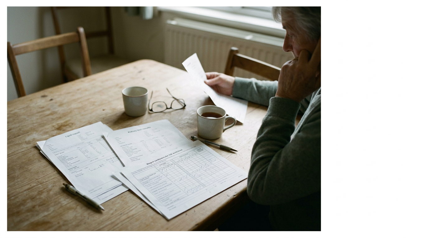 A lipid panel, kidney assessment and cardiovascular risk worksheet arranged on a clinician’s desk.