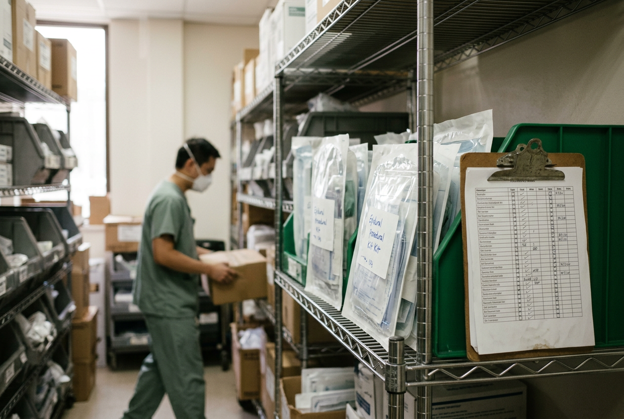 Sealed epidural procedure kits being checked against a recall list in a hospital supply area.