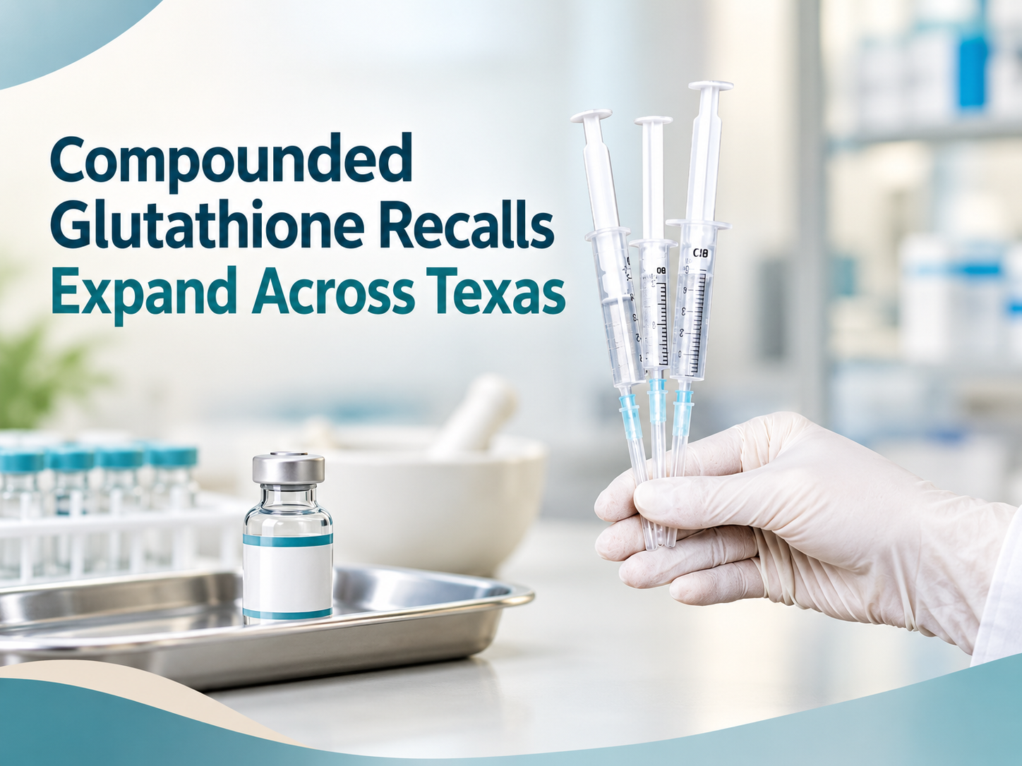 A labeled compounded medication vial beside a pharmacy recall notice and clinical inventory log.