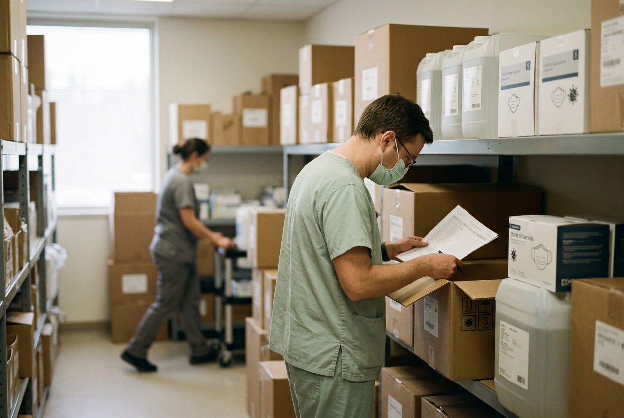 Laboratory staff inventorying boxed COVID-19 test kits and respirators in a hospital supply room.