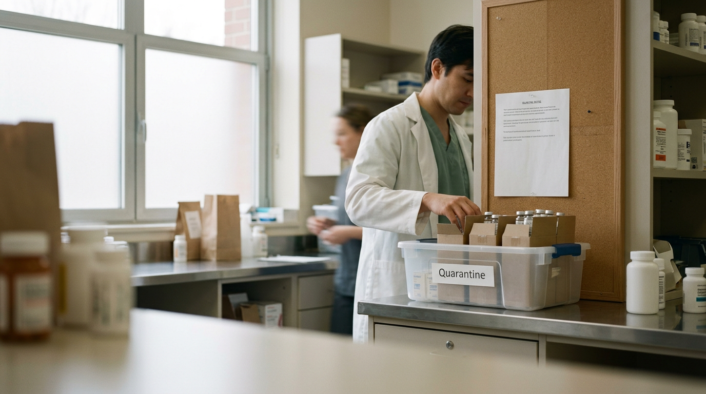 Cyclophosphamide vials in a hospital pharmacy quarantine bin beside a printed recall notice.