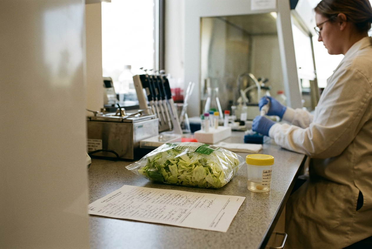 Cyclospora test requisition beside iceberg lettuce and a sealed specimen container on a clinical laboratory bench.