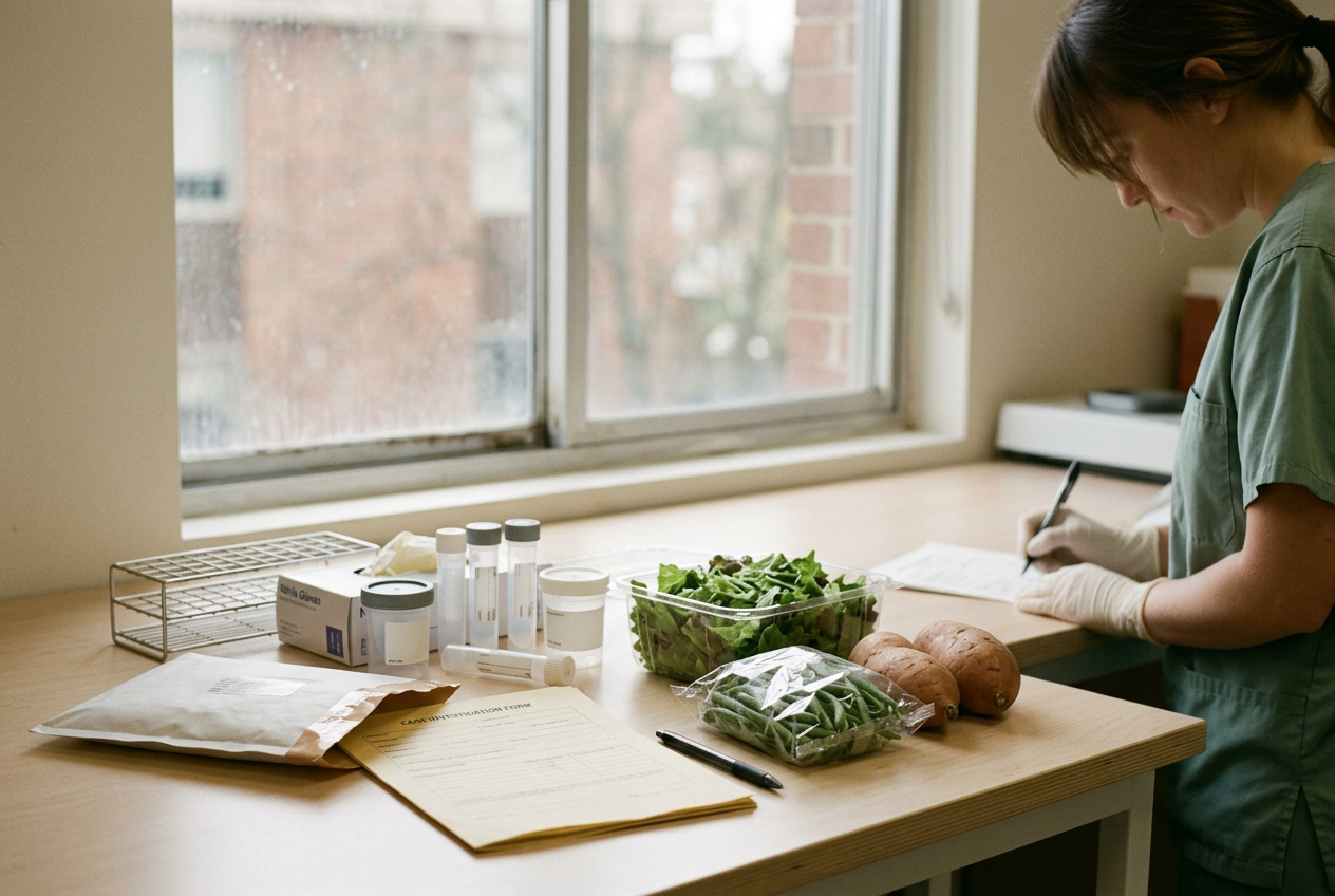 Laboratory stool-testing materials beside a public health case investigation form and packaged fresh produce.