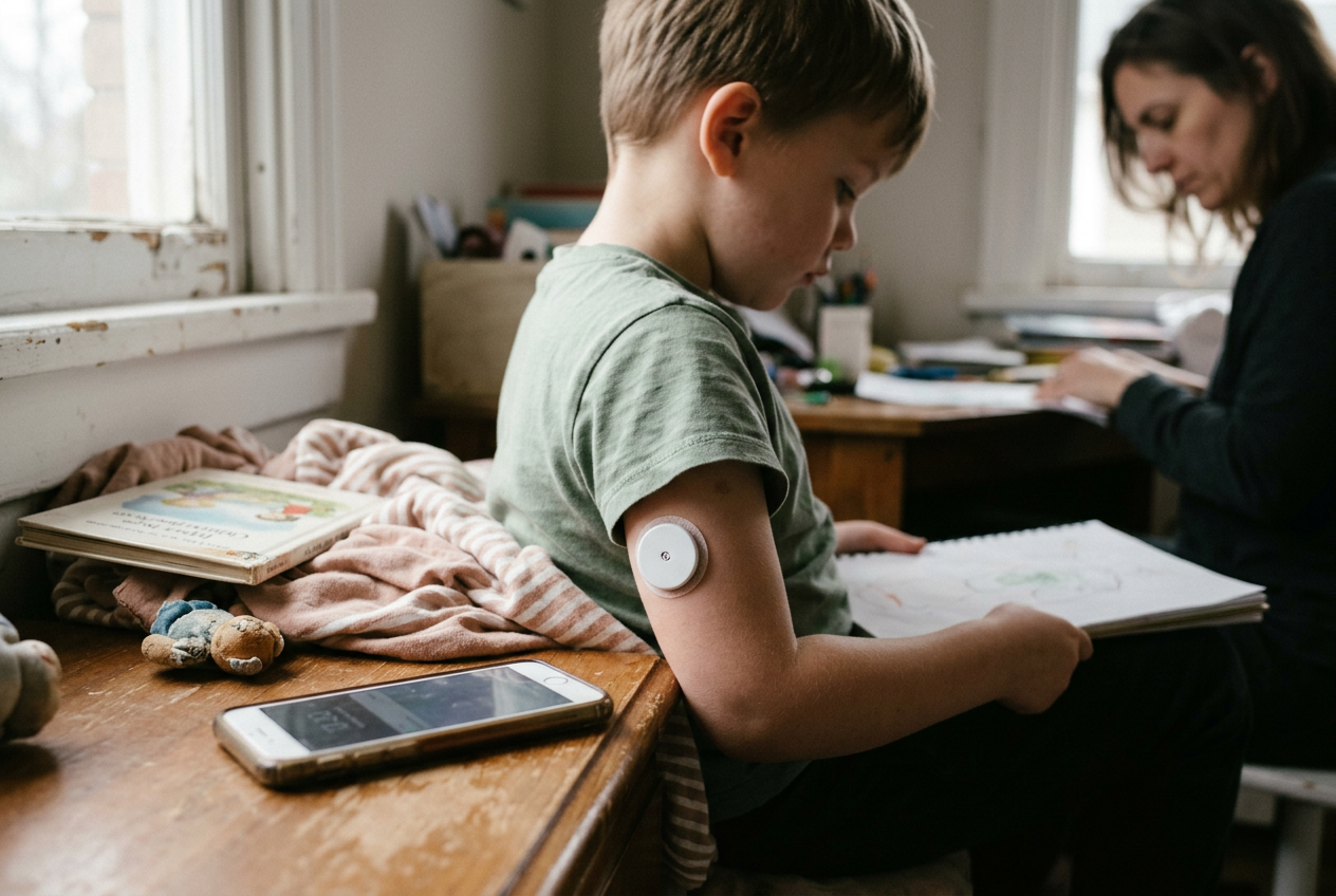 A small continuous glucose sensor attached to a child’s upper arm beside a smartphone displaying a simple glucose trend.