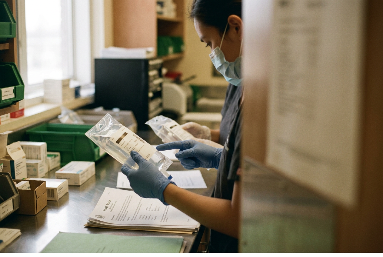 Hospital pharmacist checking lot numbers on premixed dexmedetomidine infusion containers