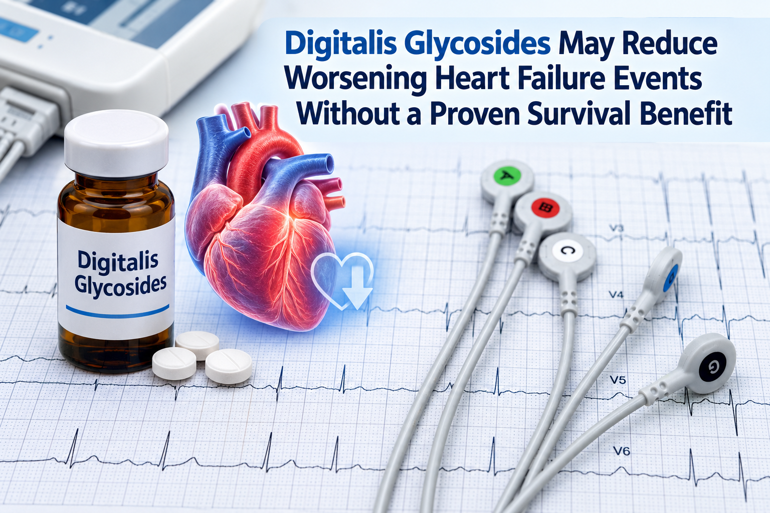 A stethoscope beside heart failure records and a bottle representing carefully monitored digitalis therapy.