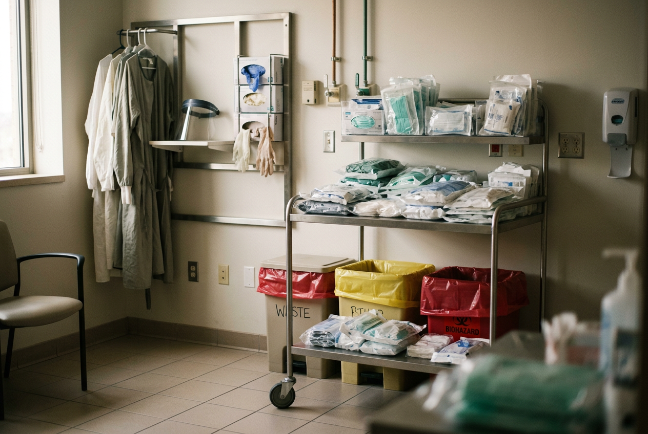 Protective equipment and clinical supplies prepared outside a high-level isolation room for filovirus care.