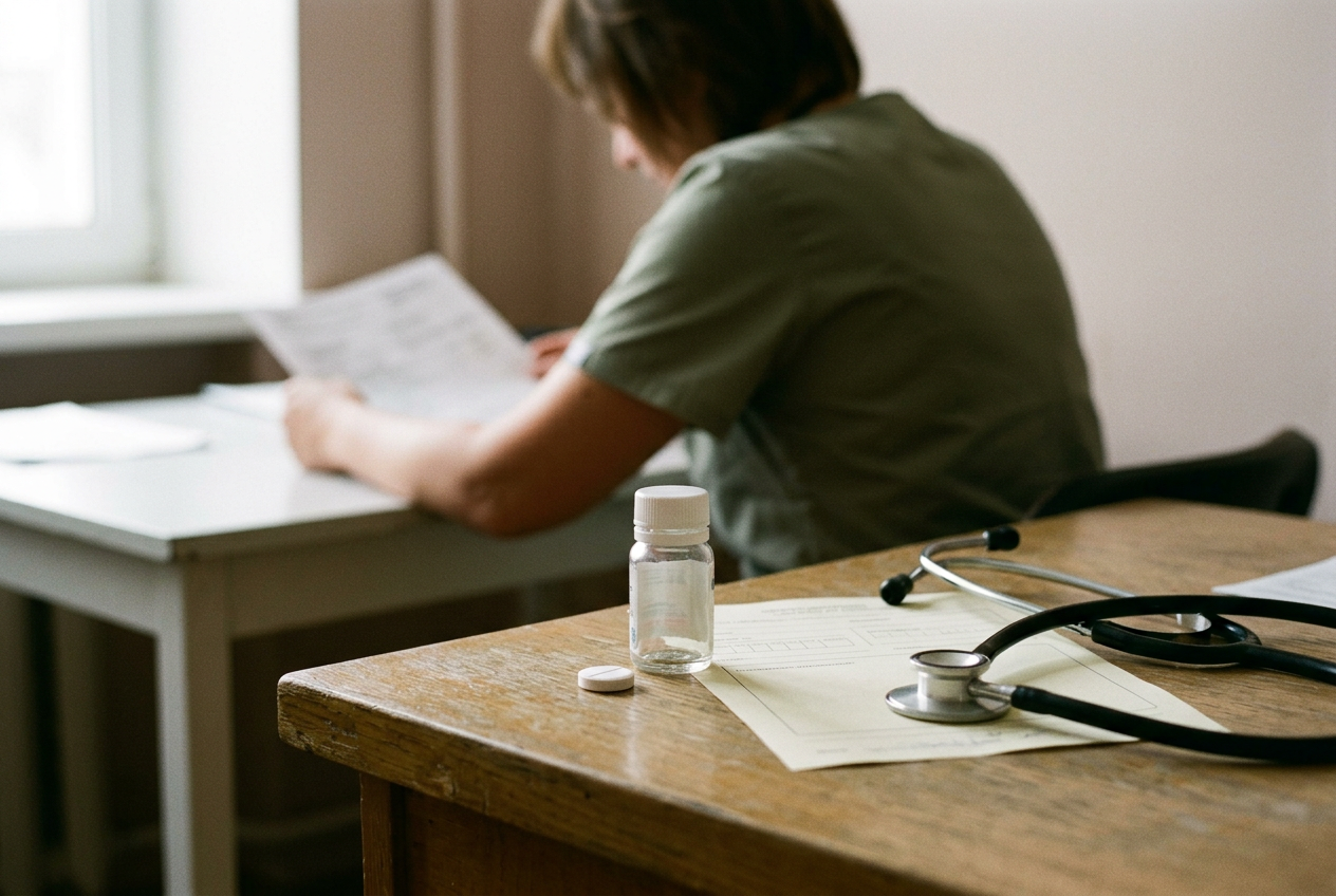 A prescription bottle and tablet beside a cholesterol test form and stethoscope on a clinical desk.