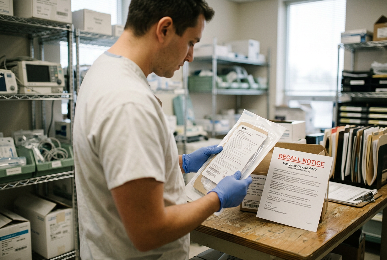 Packaged vascular devices being checked against a recall notice in a hospital supply area