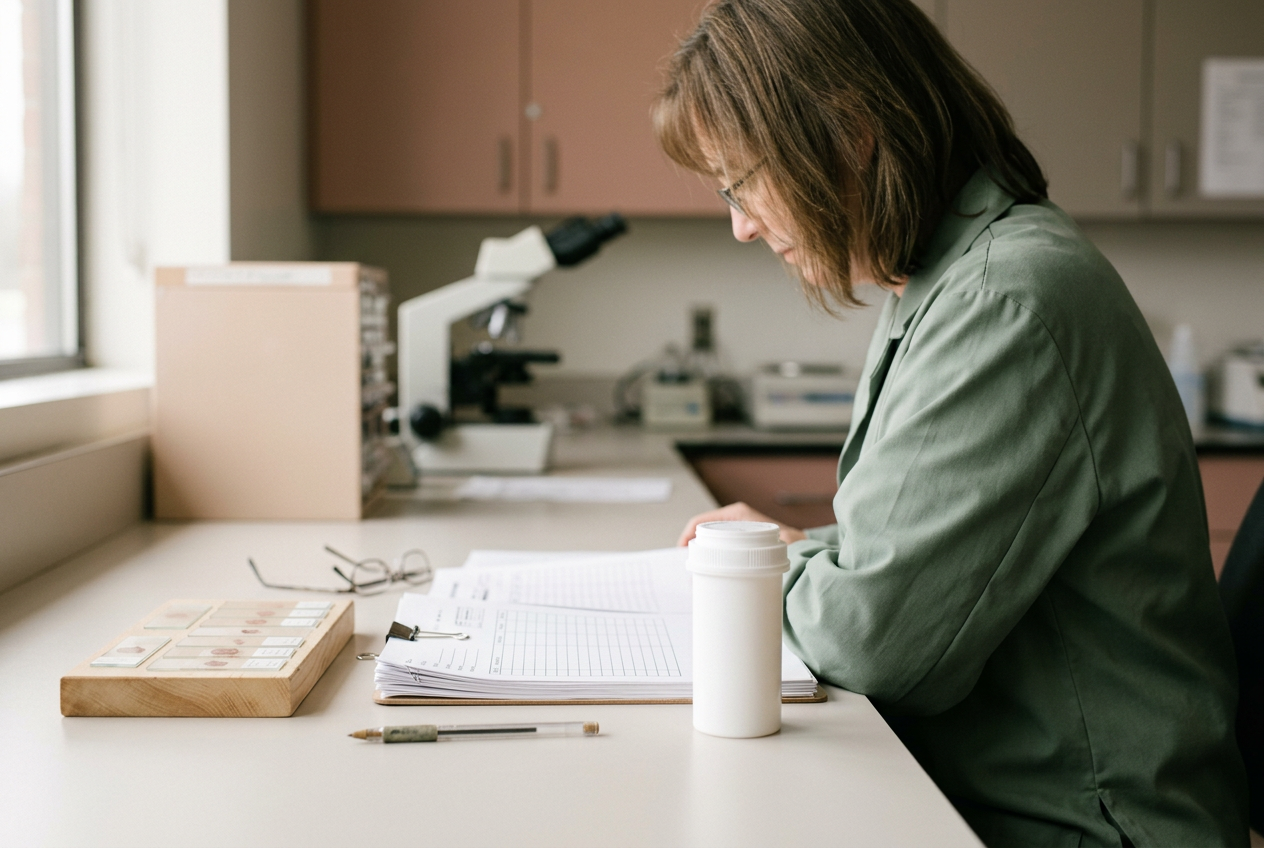 Resected lung cancer specimen slides beside a molecular pathology report identifying an ALK alteration