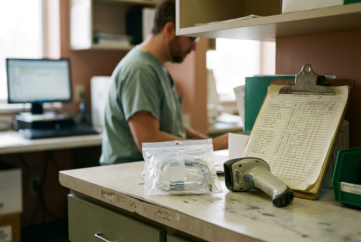 An esophageal pH capsule delivery kit beside an inventory checklist in a clinical procedure room.
