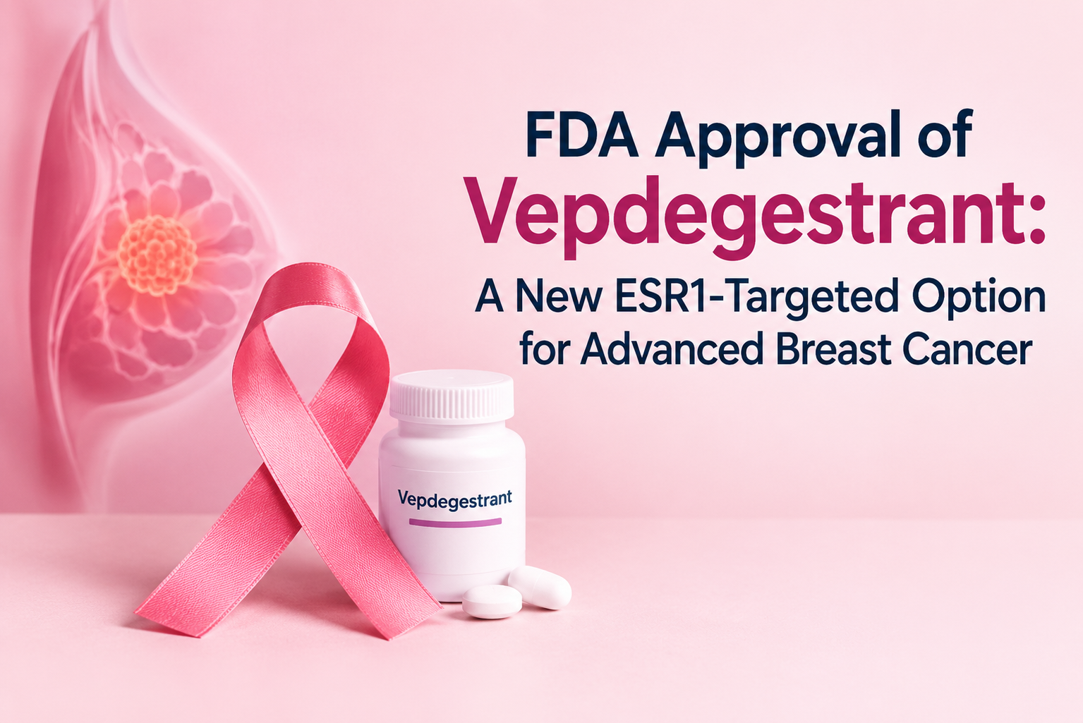 A breast cancer pathology slide beside a molecular test report highlighting an ESR1 alteration.