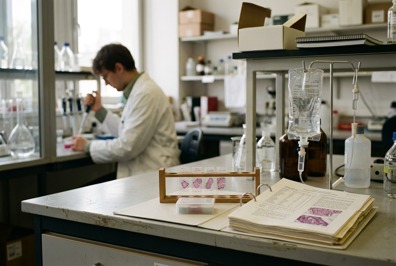 Colon tumor pathology slides beside a mismatch-repair test report and an oncology treatment plan.