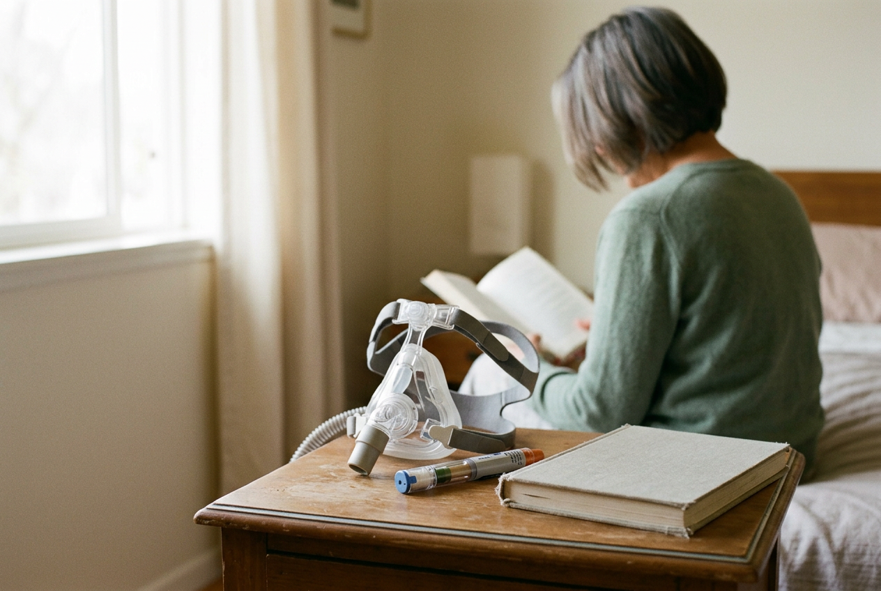 A positive airway pressure mask beside an injectable medication pen on a bedside table.