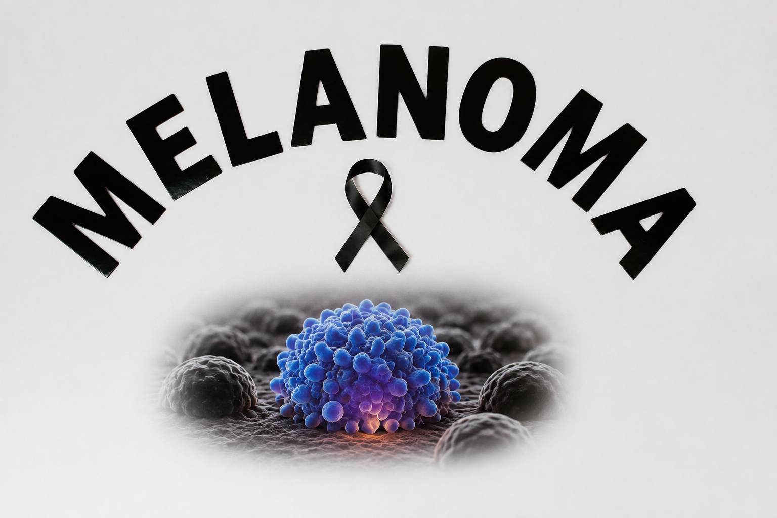 Illustration of an intratumoral viral therapy vial beside a melanoma pathology slide and checkpoint immunotherapy infusion bag.