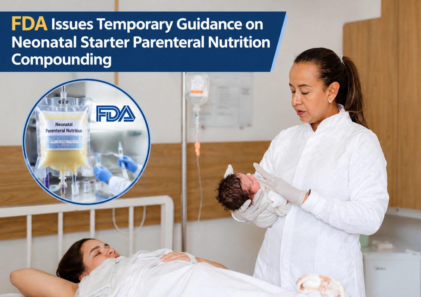 Sterile neonatal parenteral nutrition bag being prepared inside a hospital pharmacy isolator.