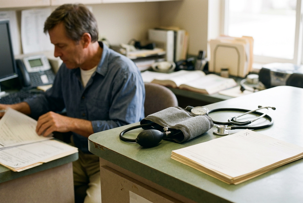 A blood pressure cuff and stethoscope beside a clinical heart failure assessment form.