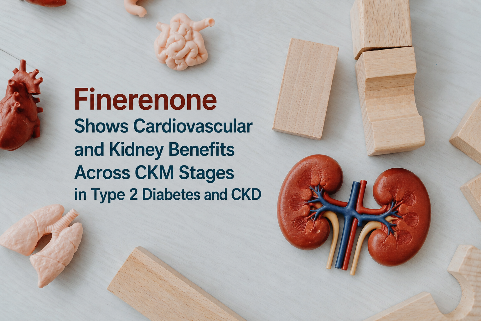 Kidney and heart models beside a glucose meter and laboratory sample tubes on a clinical desk