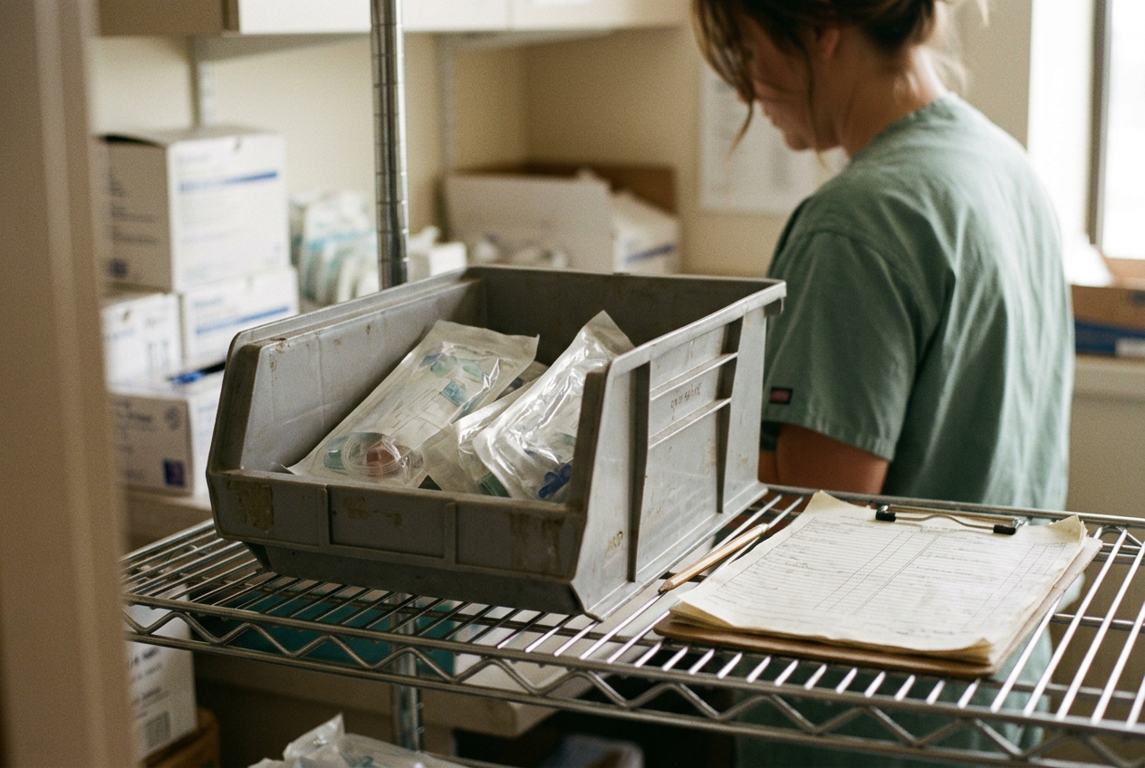 An IV supply cart with packaged start kits separated for recall review in a hospital materials area.