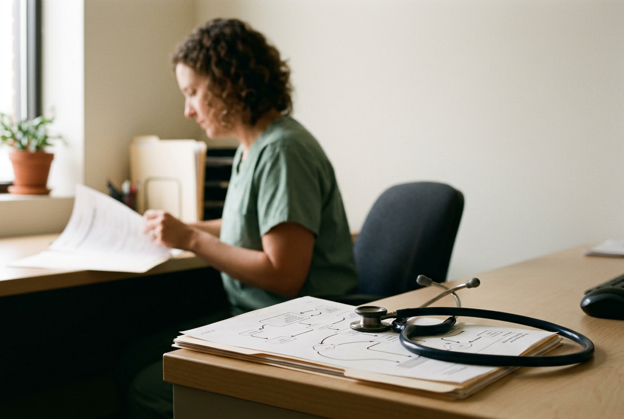 Clinician reviewing a heart failure care pathway spanning emergency, outpatient and inpatient settings.