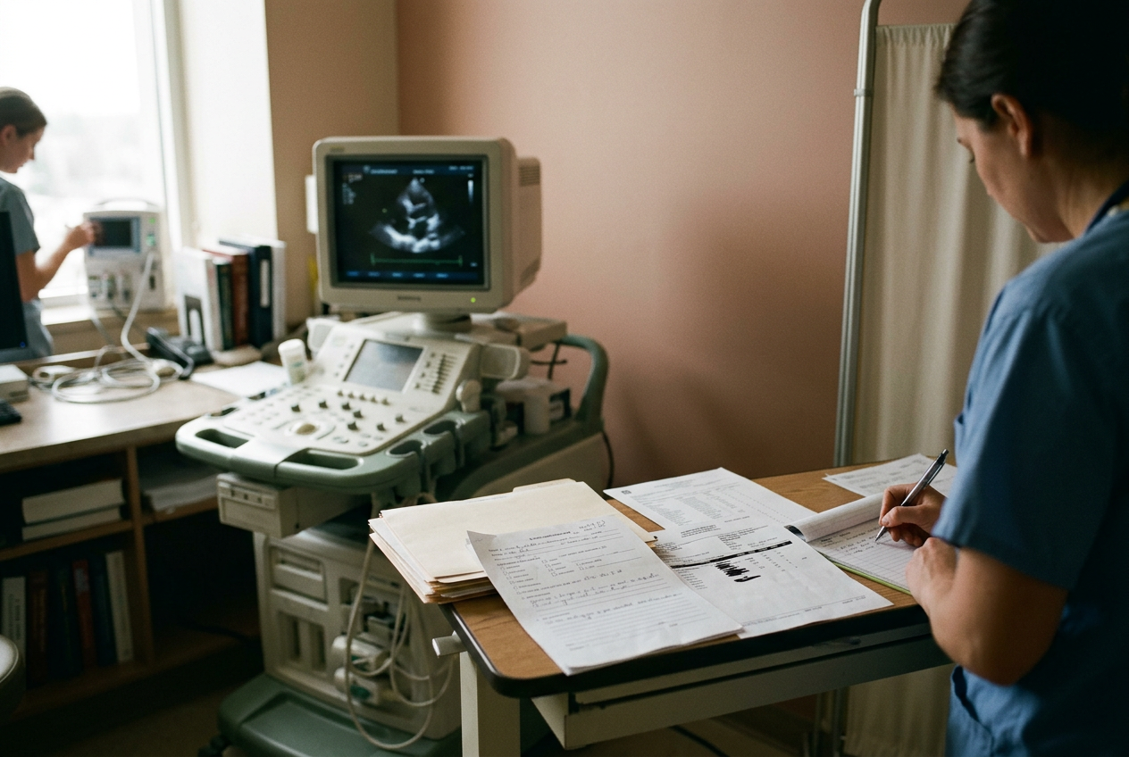 Clinician reviewing a cardiac ultrasound and laboratory results used in a heart failure assessment.