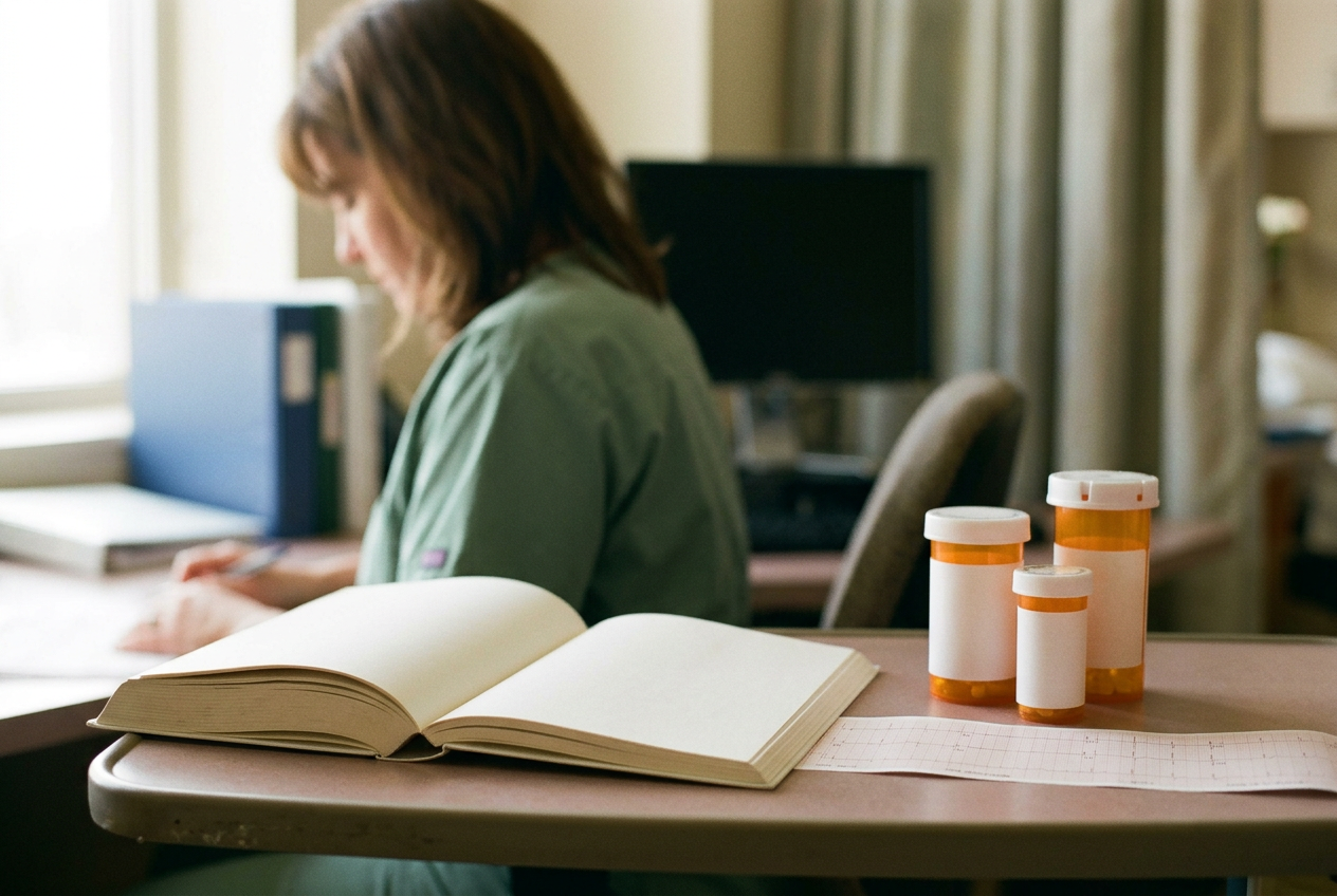Clinician reviewing heart-failure outcome evidence beside an ECG tracing and medication containers.