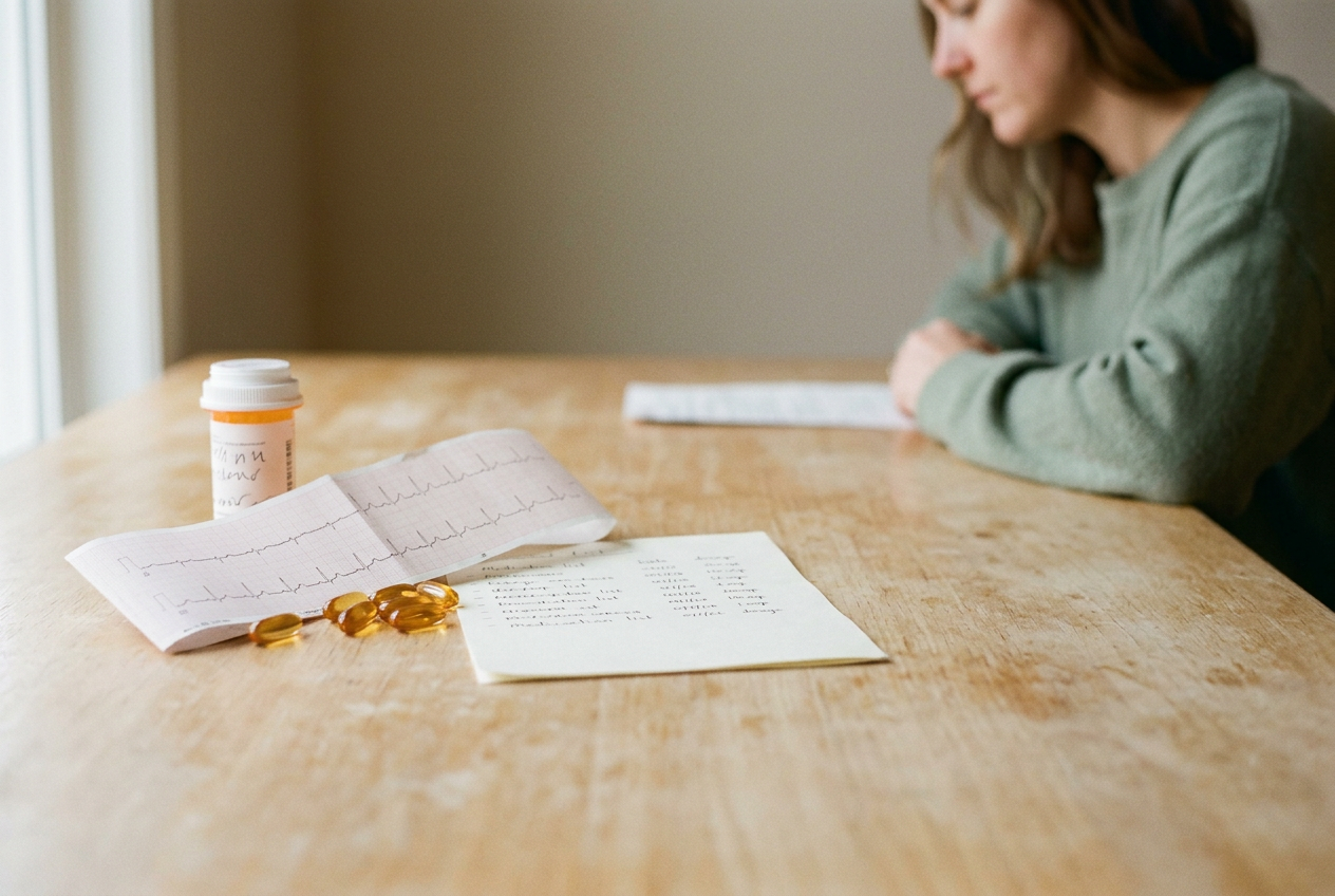 Prescription omega-3 capsules beside an electrocardiogram tracing and a clinician’s medication review notes.