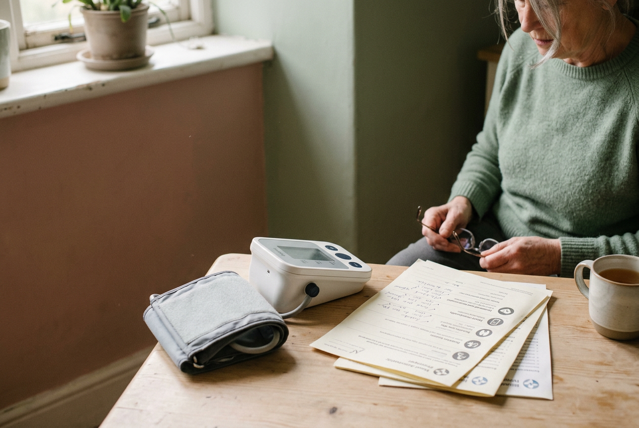 Blood pressure cuff beside a heart and kidney risk assessment form on a clinical desk