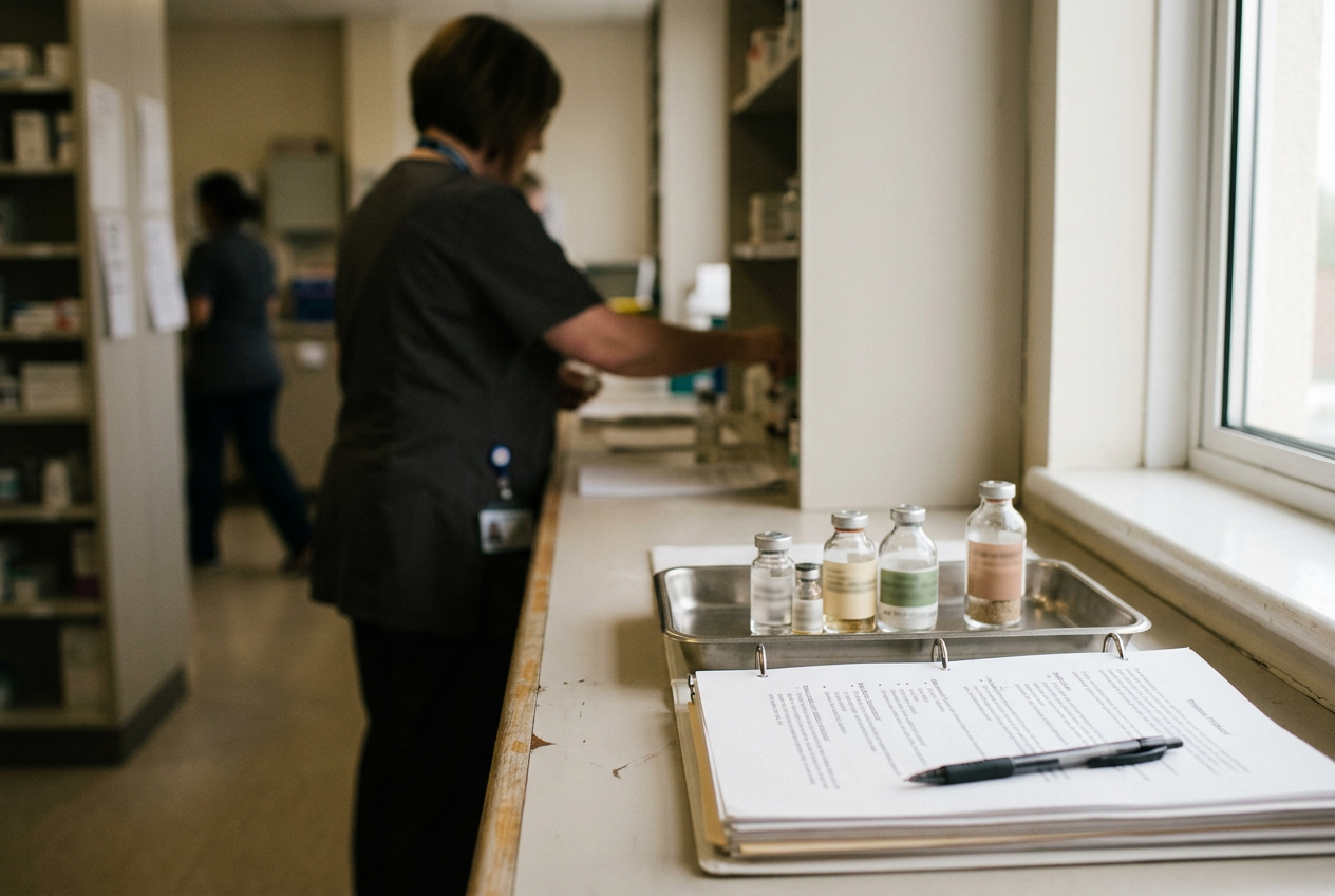 Myeloma treatment vials and clinical documents arranged on a hospital pharmacy work surface.