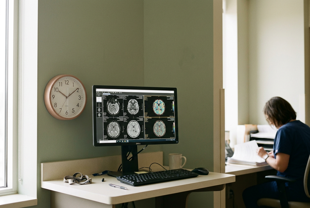 Brain perfusion scans displayed beside a clock in a hospital stroke imaging suite.