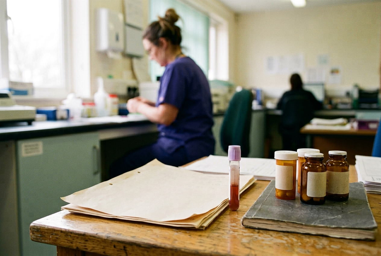 A blood specimen for ESR1 testing beside a breast cancer pathology report and unbranded medication containers.