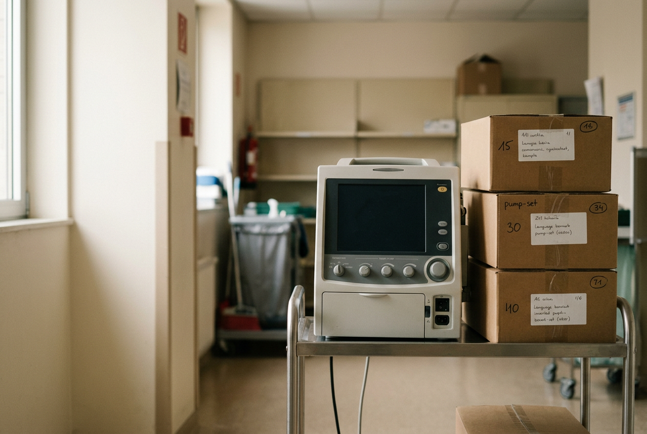 Impella console and packaged pump sets arranged for a hospital inventory safety review.