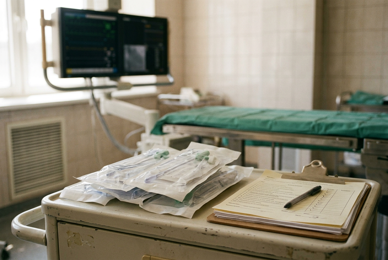 Sealed catheter introducer kits and an Impella supply checklist in a cardiac procedure room