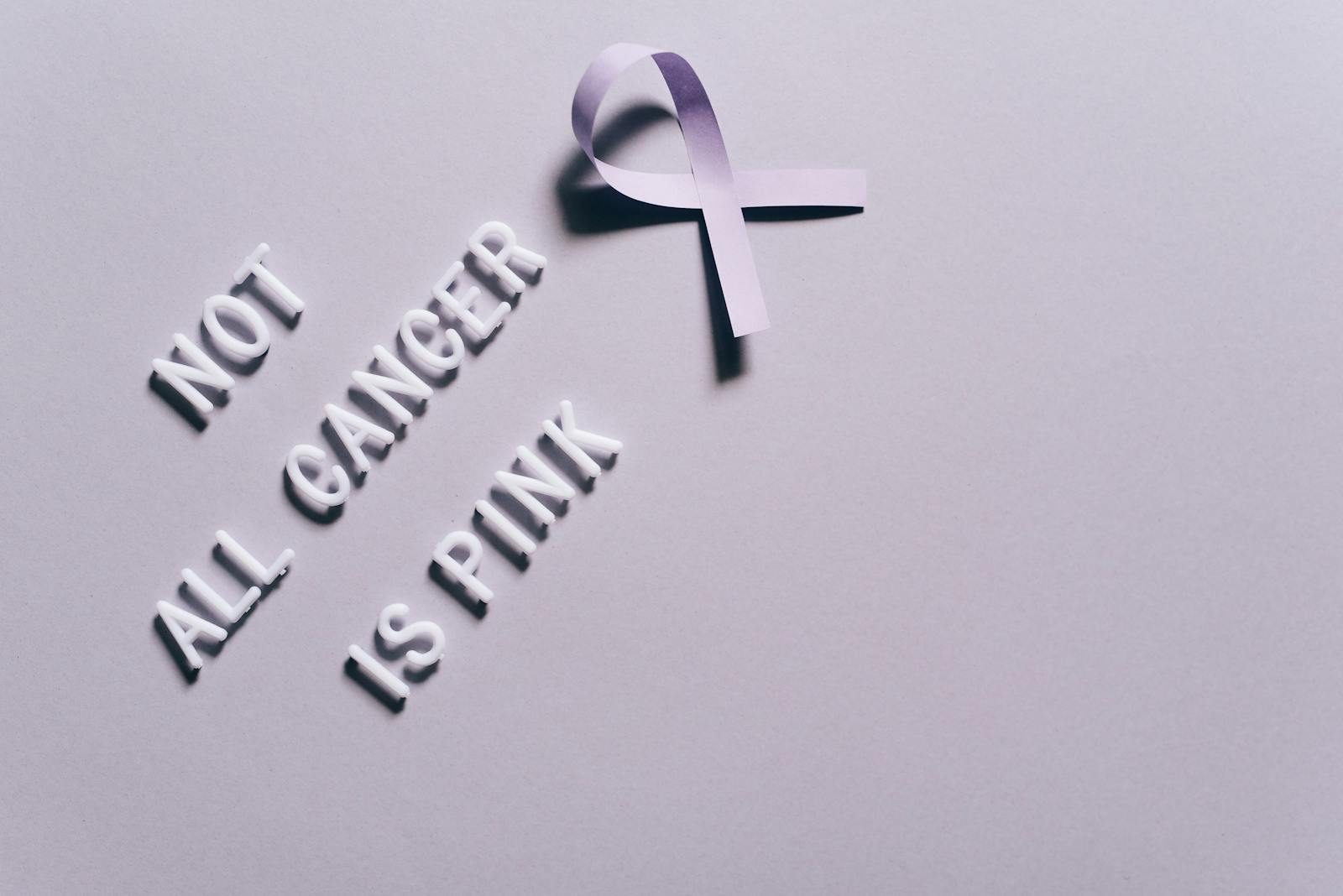 Cancer awareness poster with a purple ribbon on a gray background.