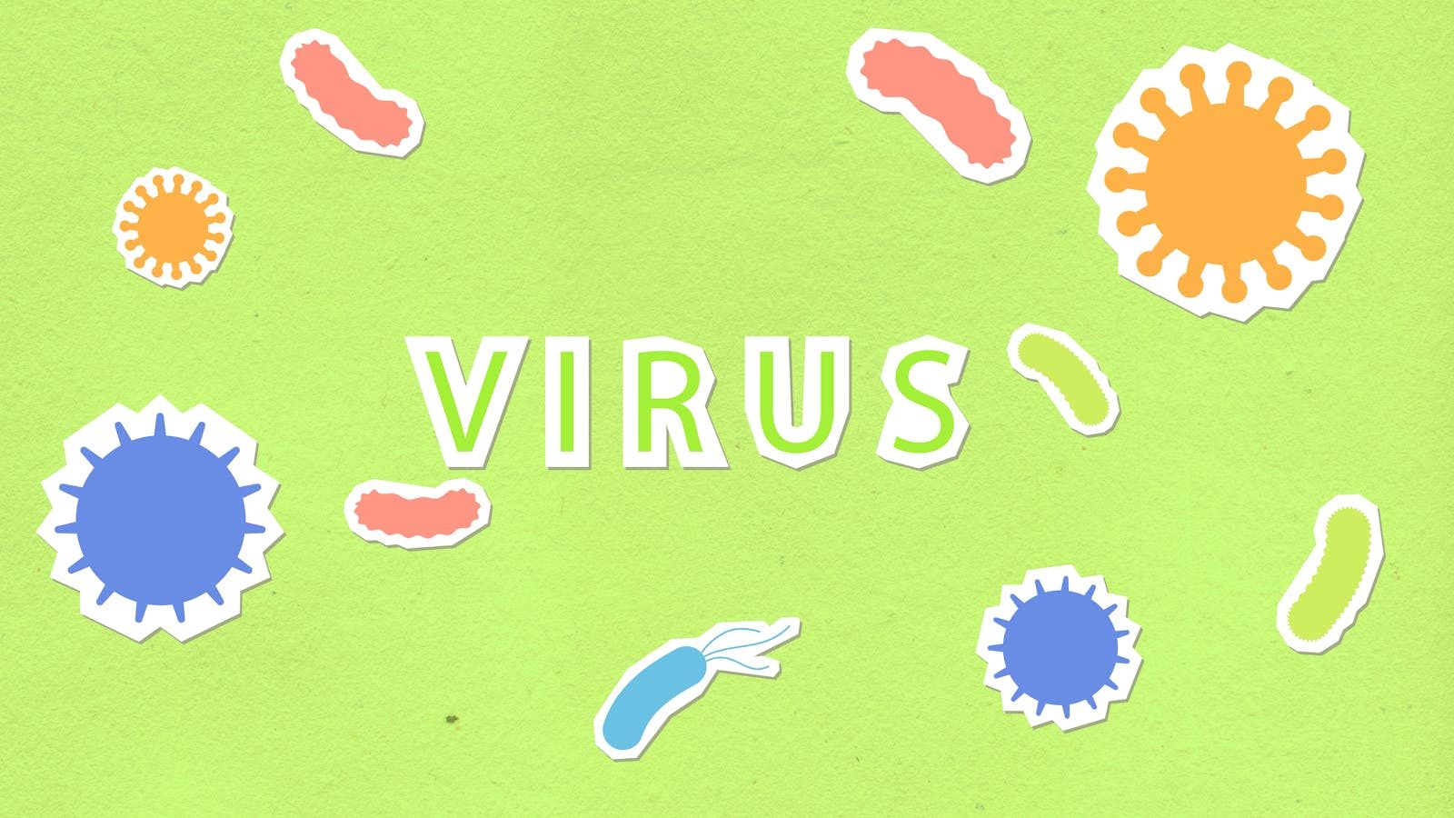 Vibrant virus illustration on a green background with the word 'Virus' in bold text.