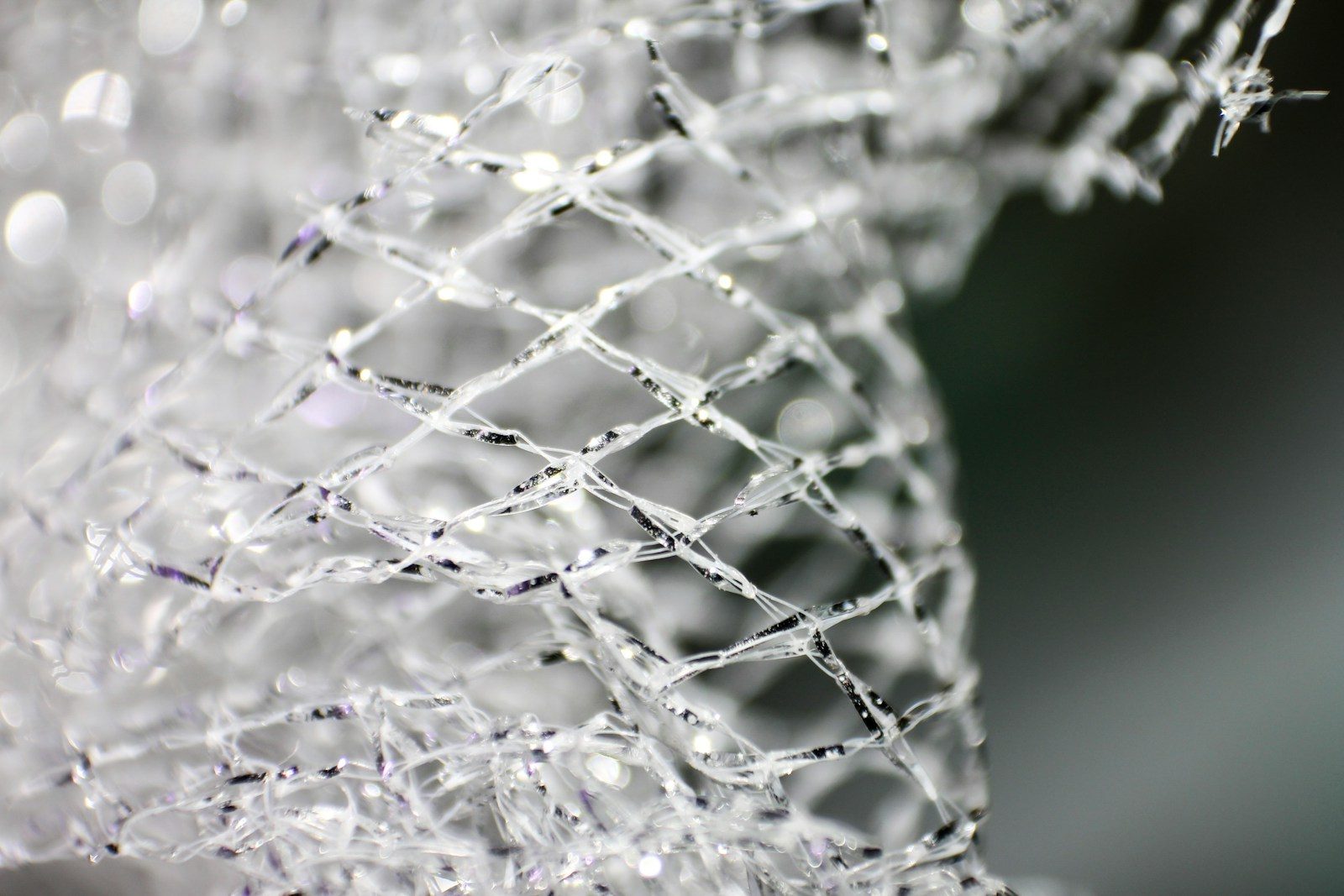 a close up of a net with water droplets on it