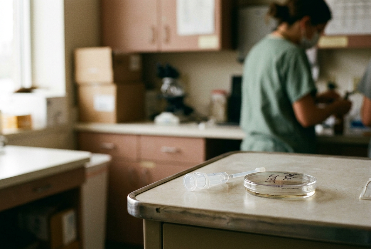 Embryo transfer catheter and laboratory dish arranged in a restrained IVF clinical setting