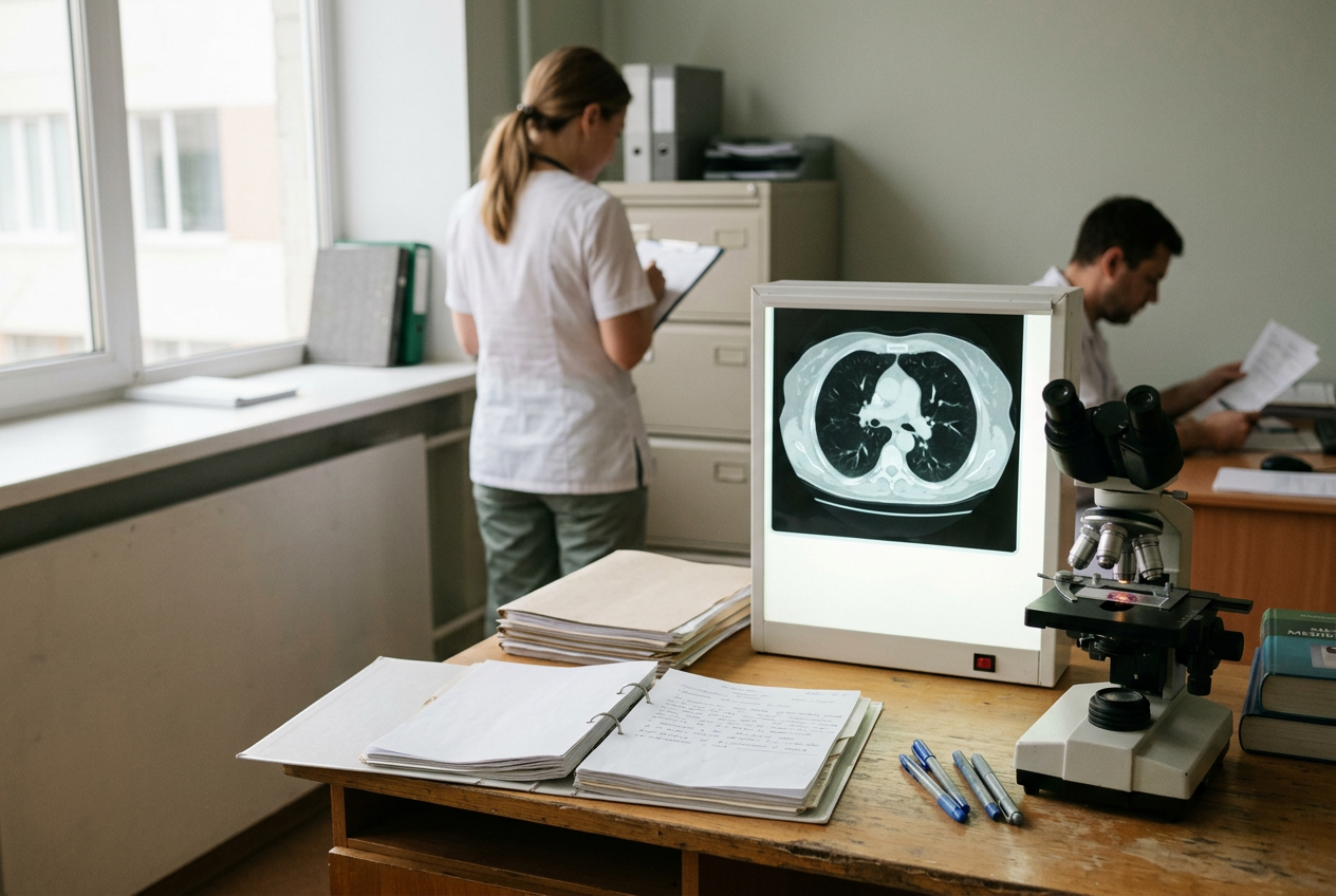 Lung cancer scans and treatment notes arranged on a clinical oncology workstation